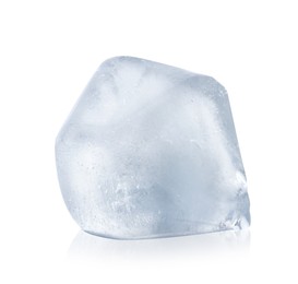 Photo of Crystal clear ice cube on white background