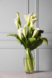 Photo of Beautiful calla lily flowers in vase on table