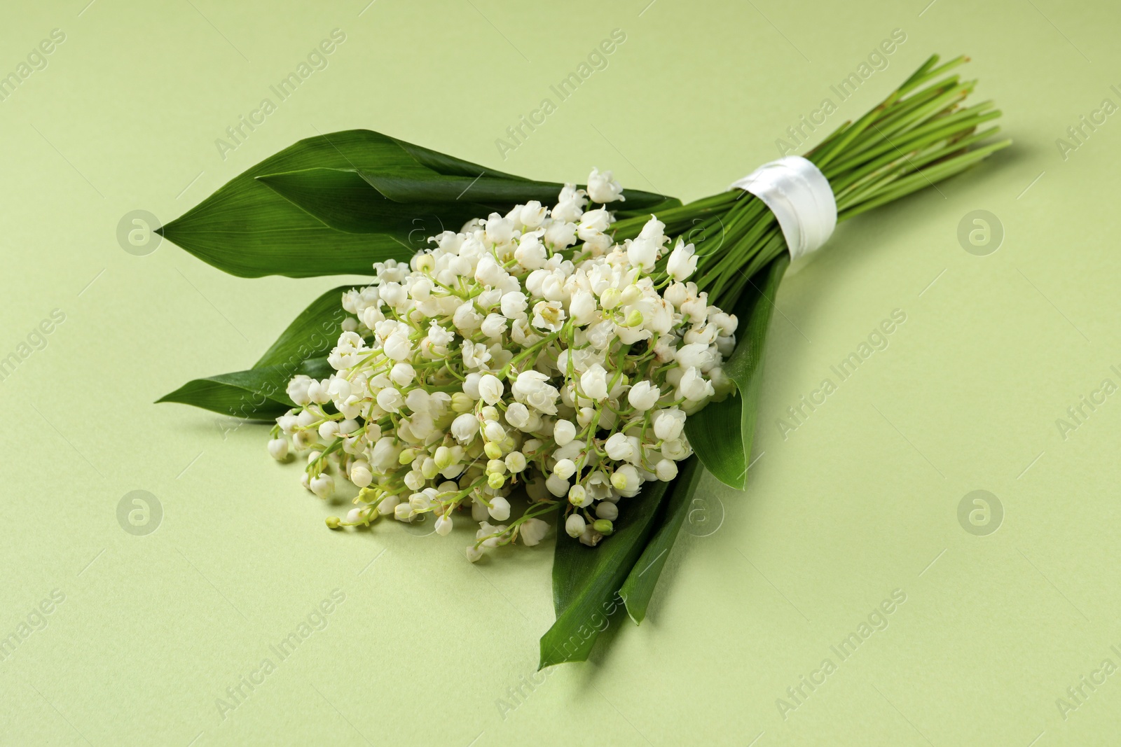 Photo of Beautiful lily of the valley bouquet on light green background