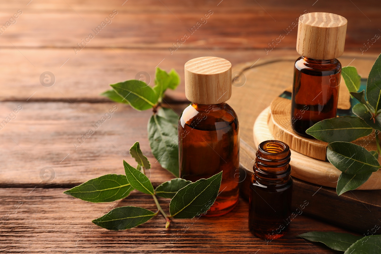 Photo of Bottles of bay essential oil and fresh leaves on wooden table