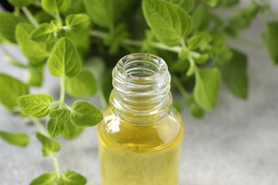 Photo of Essential oil in bottle and oregano leaves on light grey table, closeup