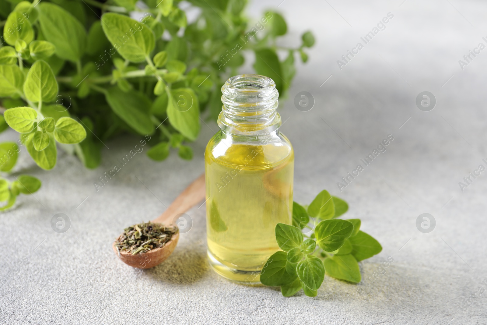 Photo of Essential oil in bottle, oregano leaves and spoon with dry herb on light grey textured table, closeup