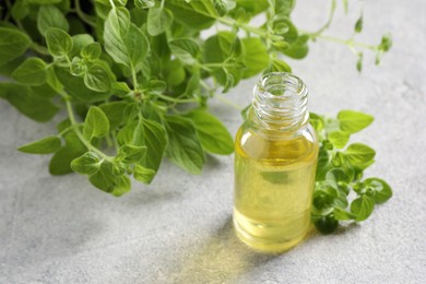 Essential oil in bottle and oregano leaves on light grey textured table, closeup