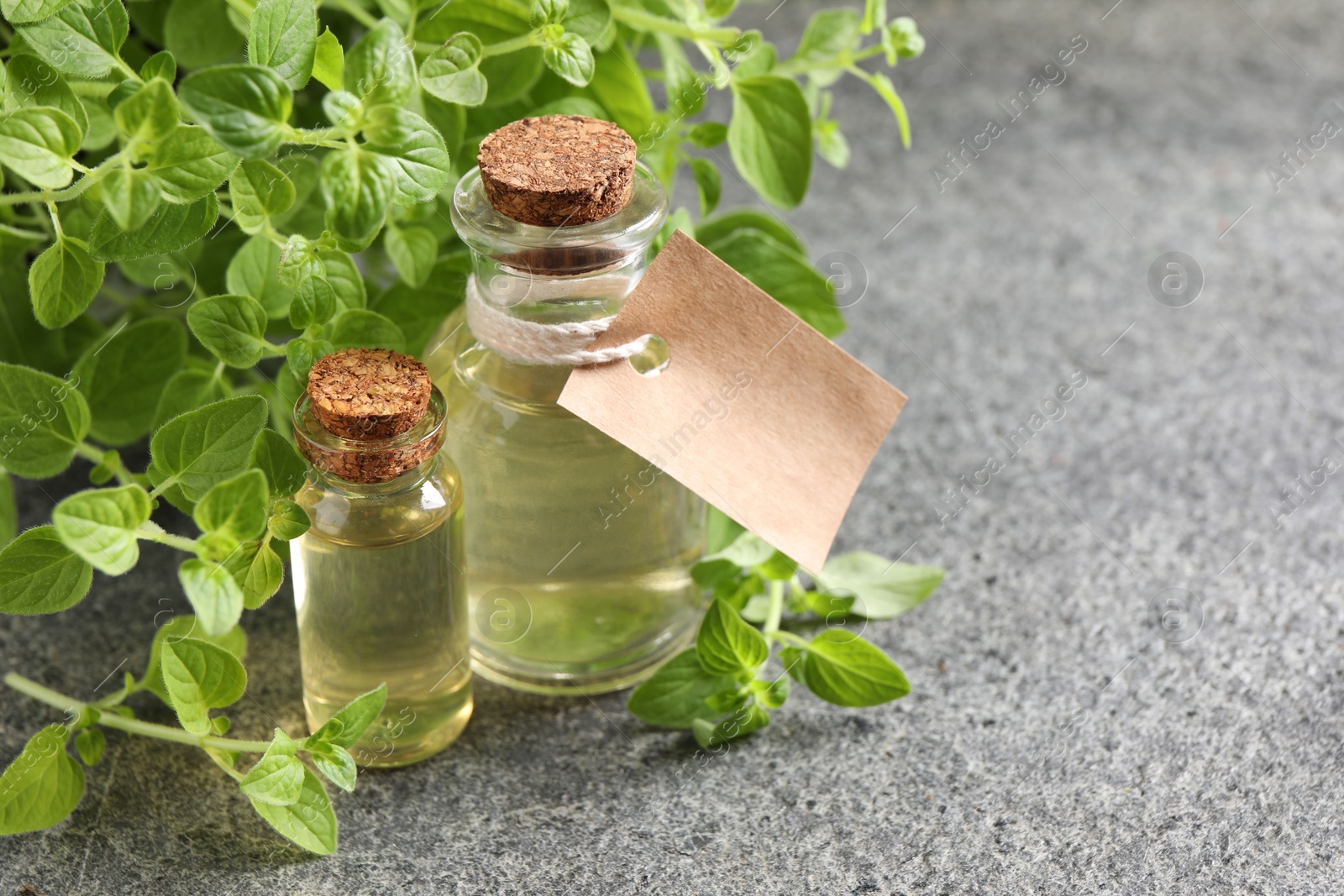 Photo of Essential oil in bottles, empty tag and oregano plant on grey textured table, closeup. Space for text