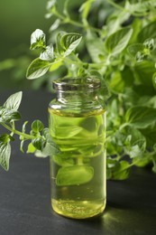 Essential oil in bottle and oregano twigs on dark textured table, closeup