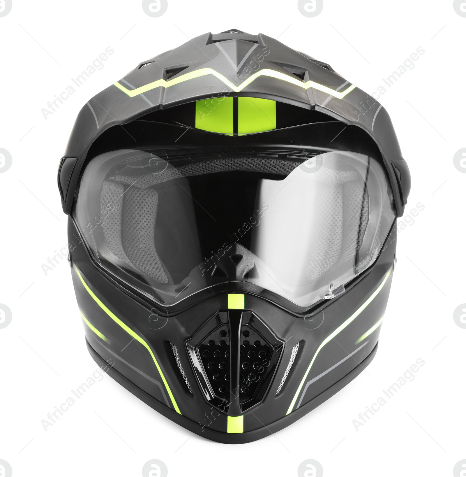 Photo of Modern motorcycle helmet with visor isolated on white