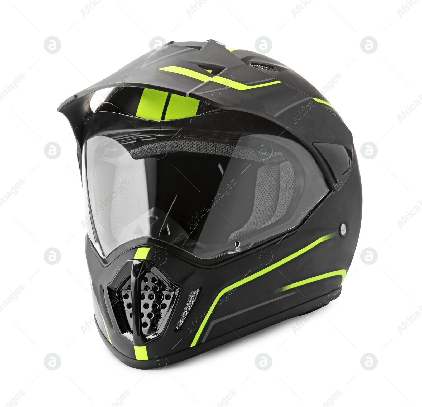 Photo of Modern motorcycle helmet with visor isolated on white