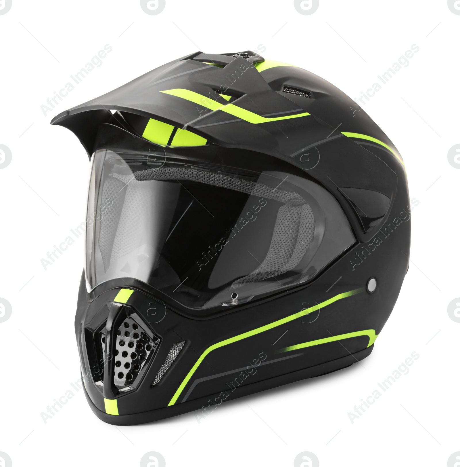 Photo of Modern motorcycle helmet with visor isolated on white