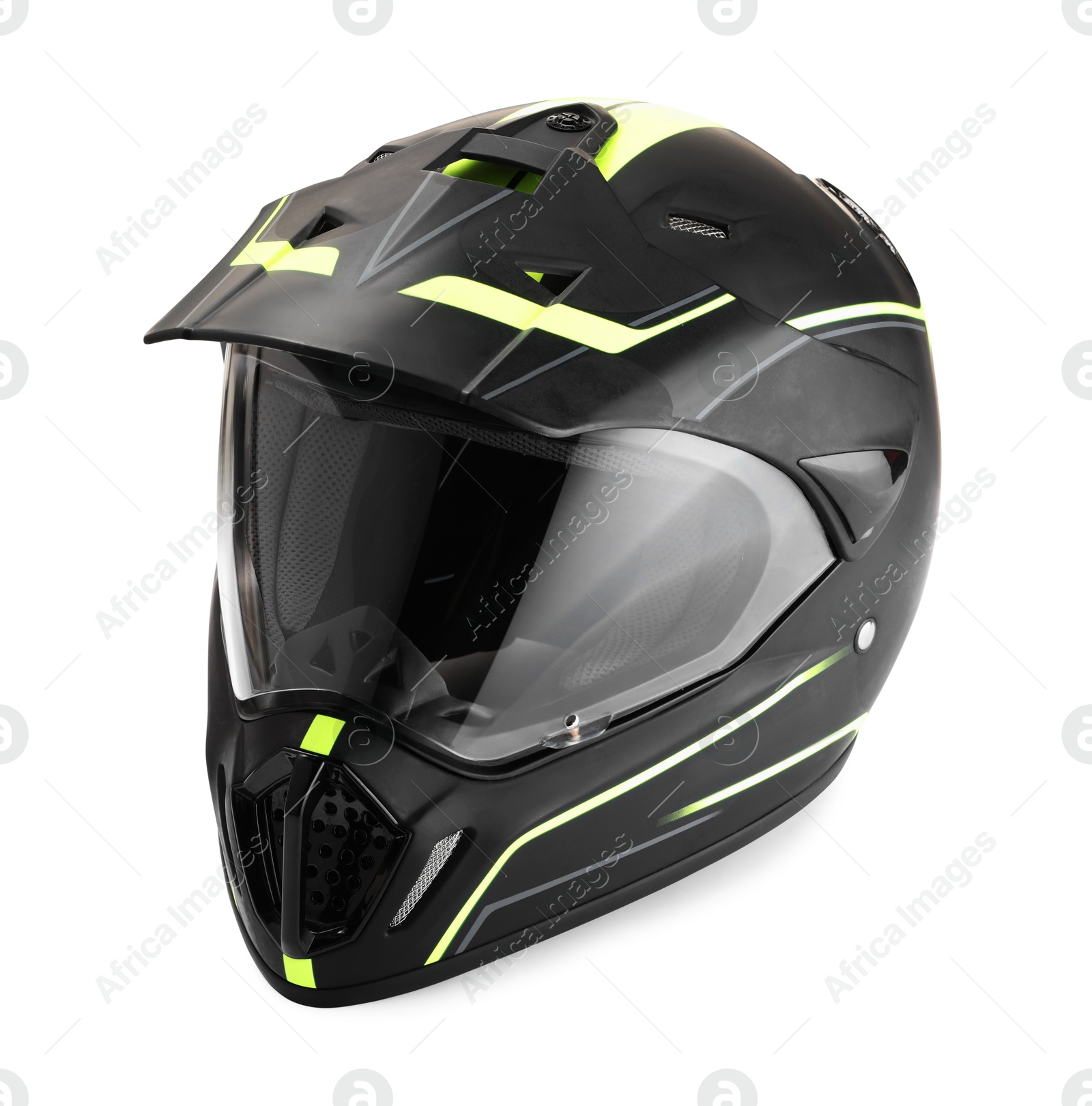 Photo of Modern motorcycle helmet with visor isolated on white