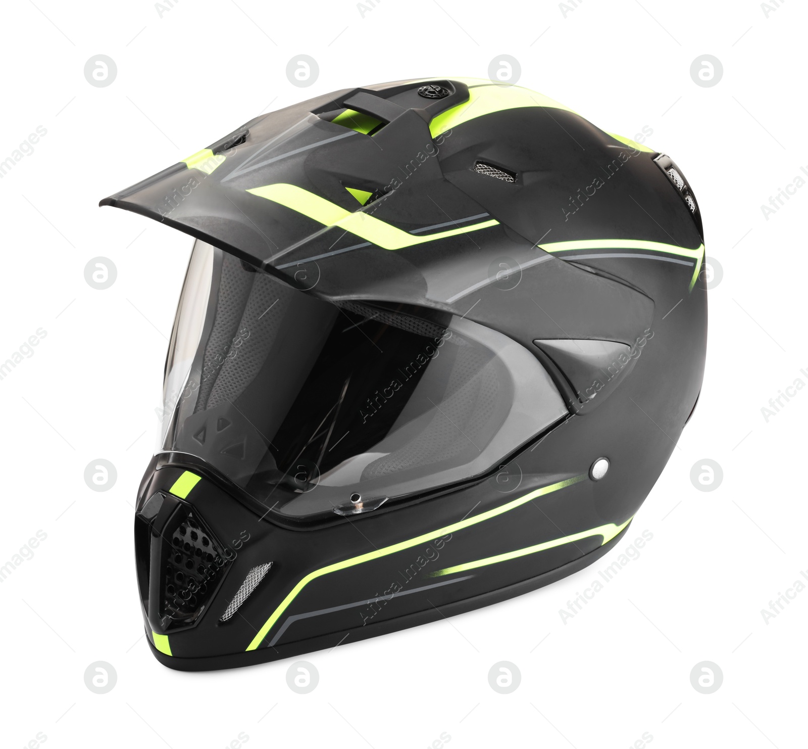 Photo of Modern motorcycle helmet with visor isolated on white