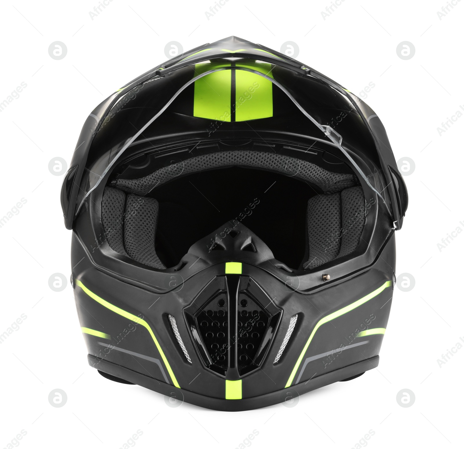 Photo of Modern motorcycle helmet with visor isolated on white