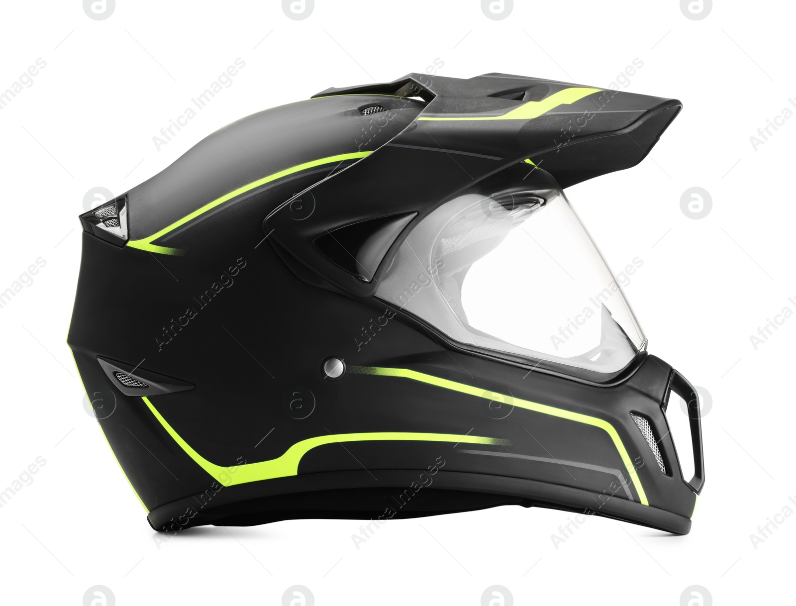 Photo of Modern motorcycle helmet with visor isolated on white