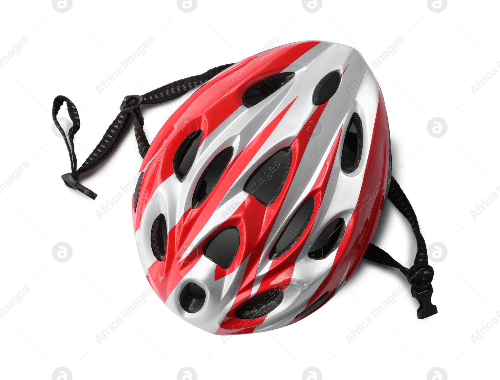 Photo of Colorful protective helmet isolated on white, top view