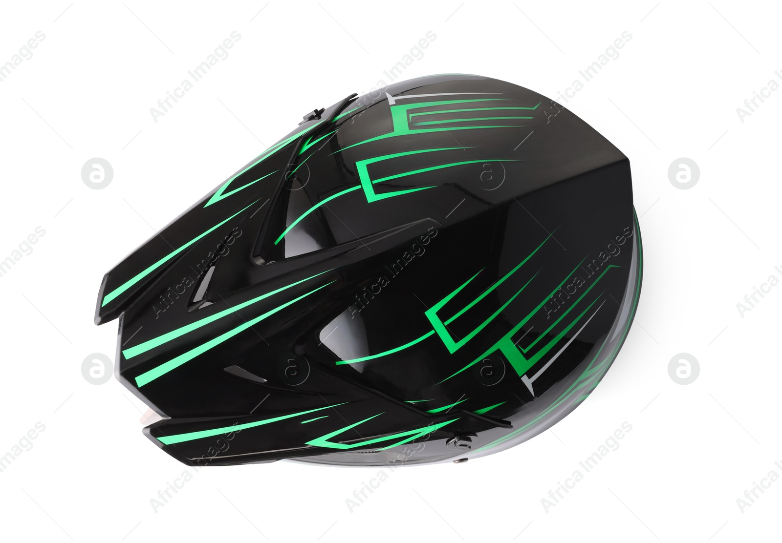 Photo of New stylish motorcycle helmet isolated on white, top view