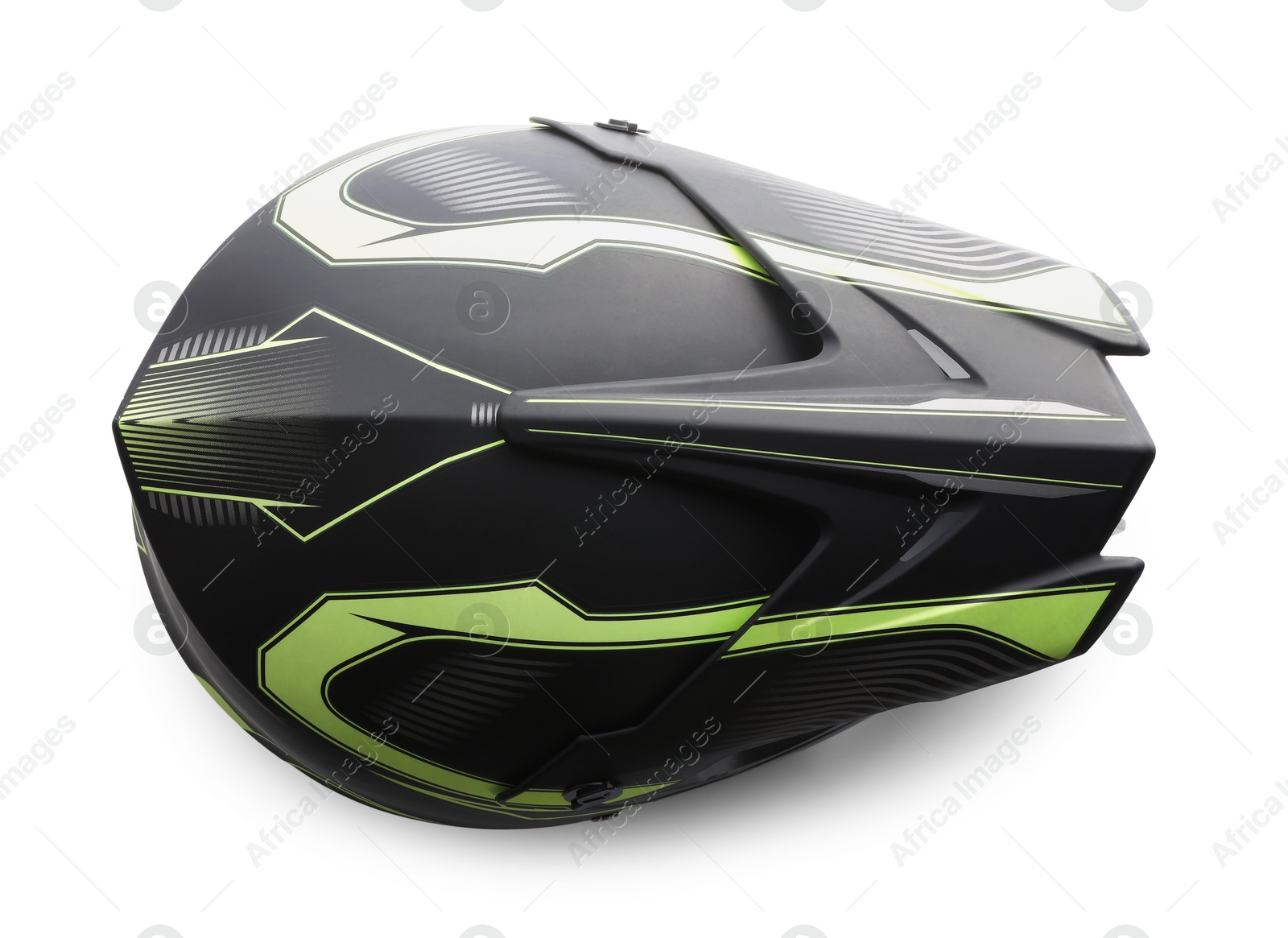 Photo of New stylish motorcycle helmet isolated on white, top view