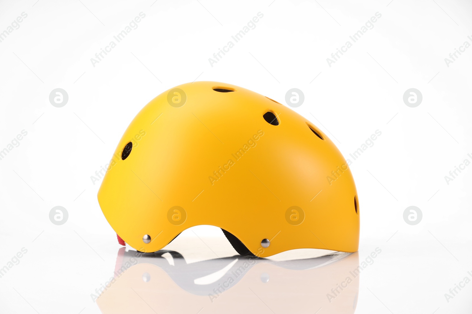 Photo of One yellow protective helmet on white background