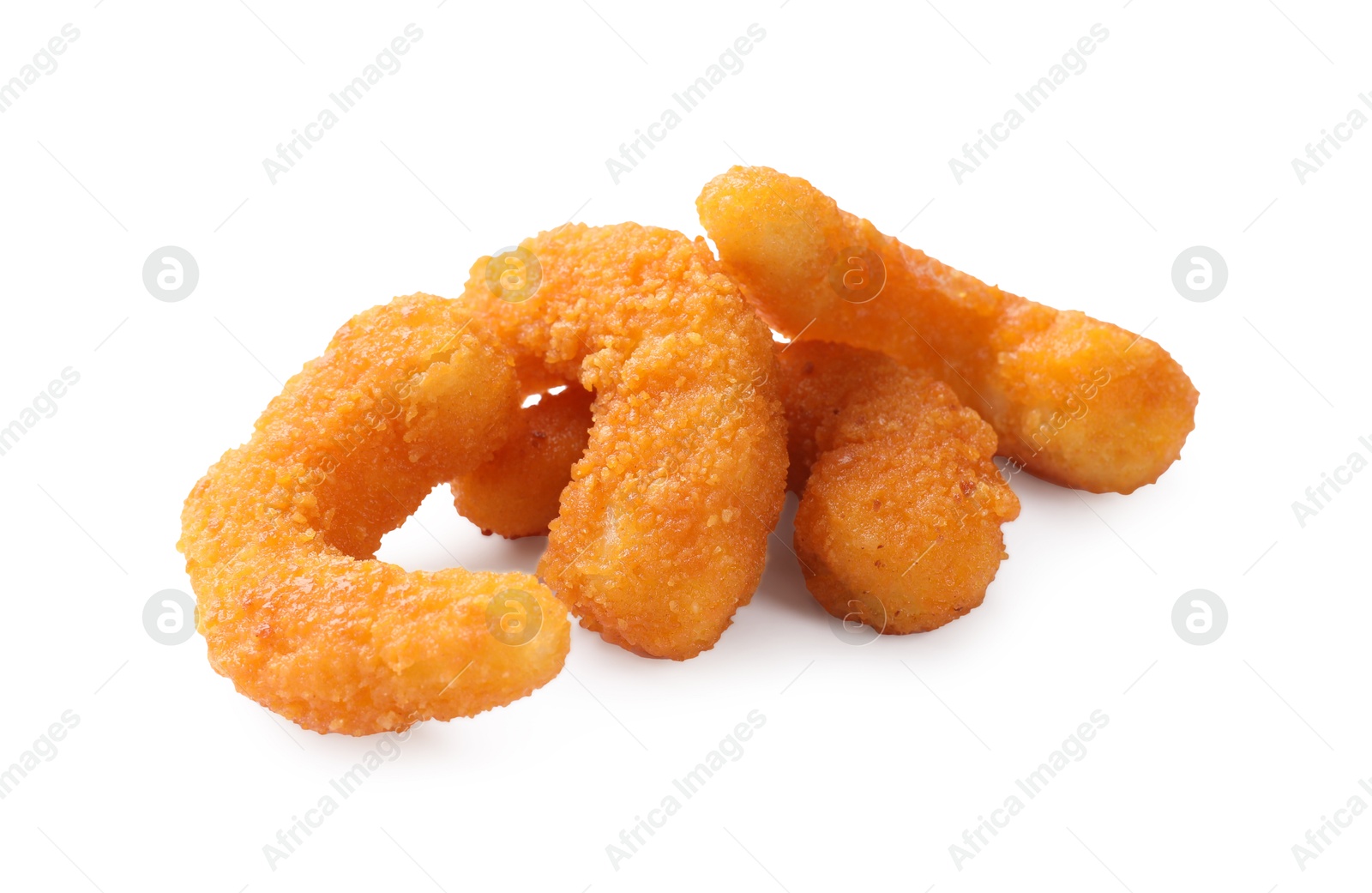 Photo of Tasty breaded fried shrimps isolated on white