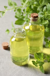 Essential oil in bottles and oregano twigs on light grey textured table, closeup