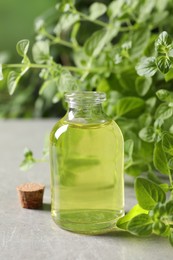 Essential oil in bottle and oregano twigs on light grey textured table, closeup