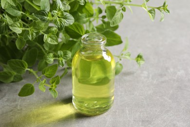 Photo of Essential oil in bottle and oregano twigs on light grey textured table, closeup. Space for text