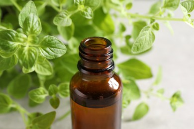 Photo of Essential oil in bottle and oregano twigs on light table, closeup