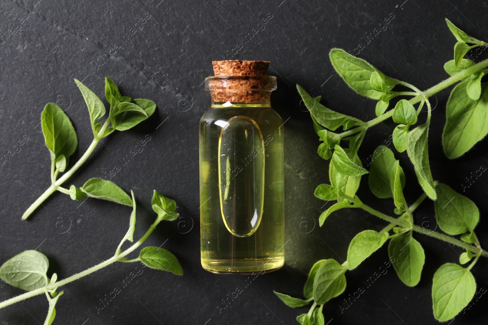 Photo of Essential oil in bottle and oregano twigs on dark textured table, flat lay