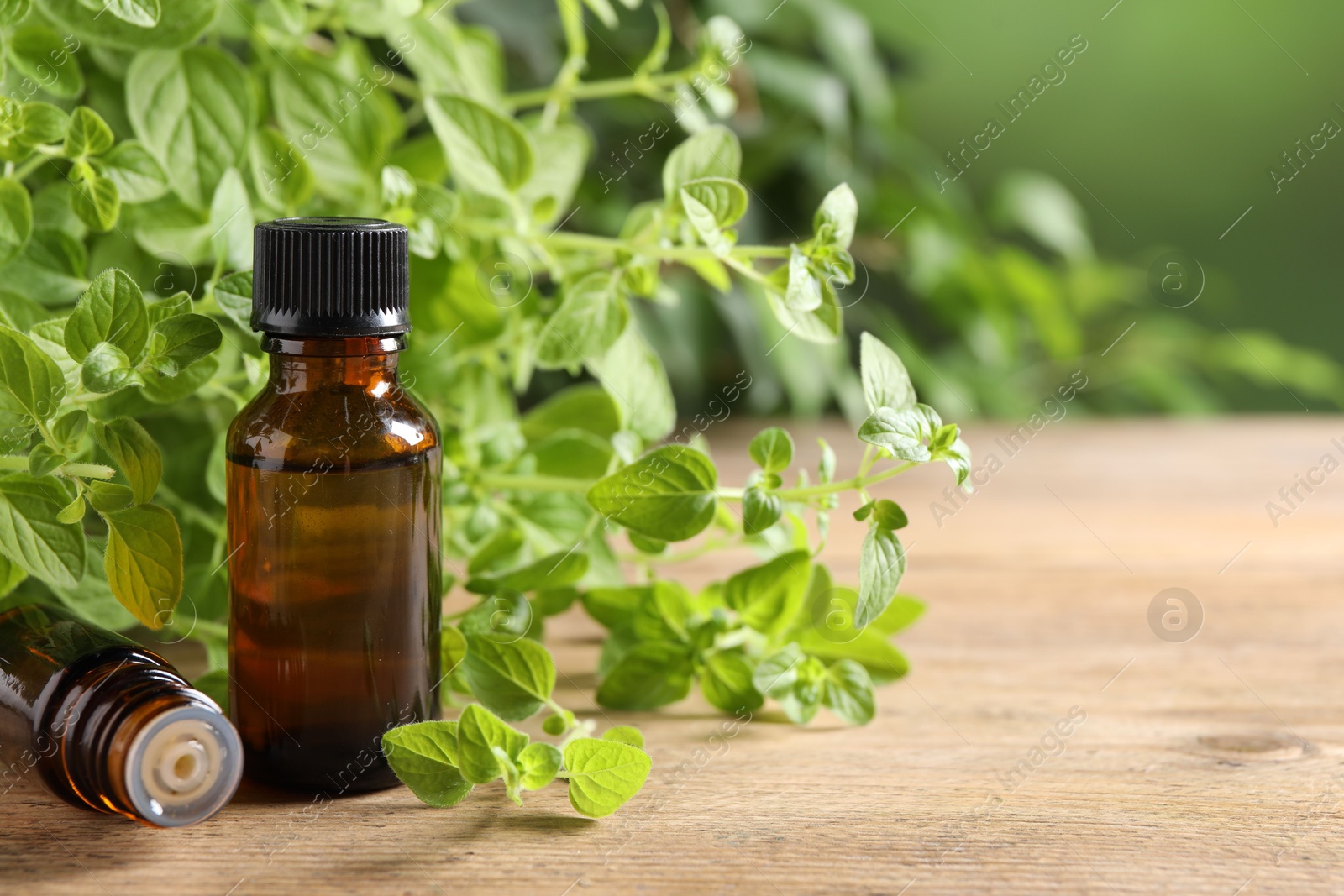 Photo of Essential oil in bottles and oregano twigs on wooden table against blurred green background, closeup. Space for text