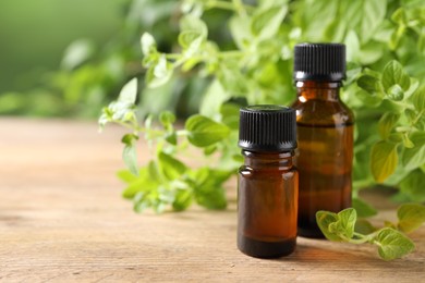 Essential oil in bottles and oregano twigs on wooden table against blurred green background, closeup. Space for text