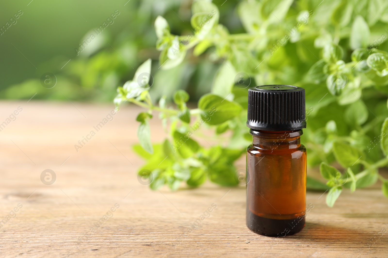 Photo of Essential oil in bottle and oregano twigs on wooden table against blurred green background, closeup. Space for text