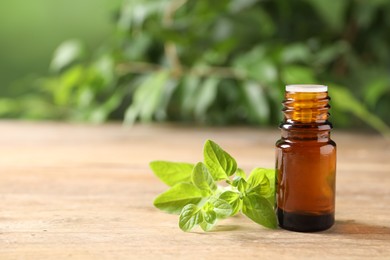 Essential oil in bottle and oregano twigs on wooden table against blurred green background, closeup. Space for text