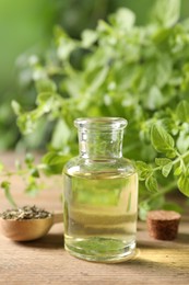 Essential oil in bottle, spoon with dry herb and oregano twigs on wooden table, closeup