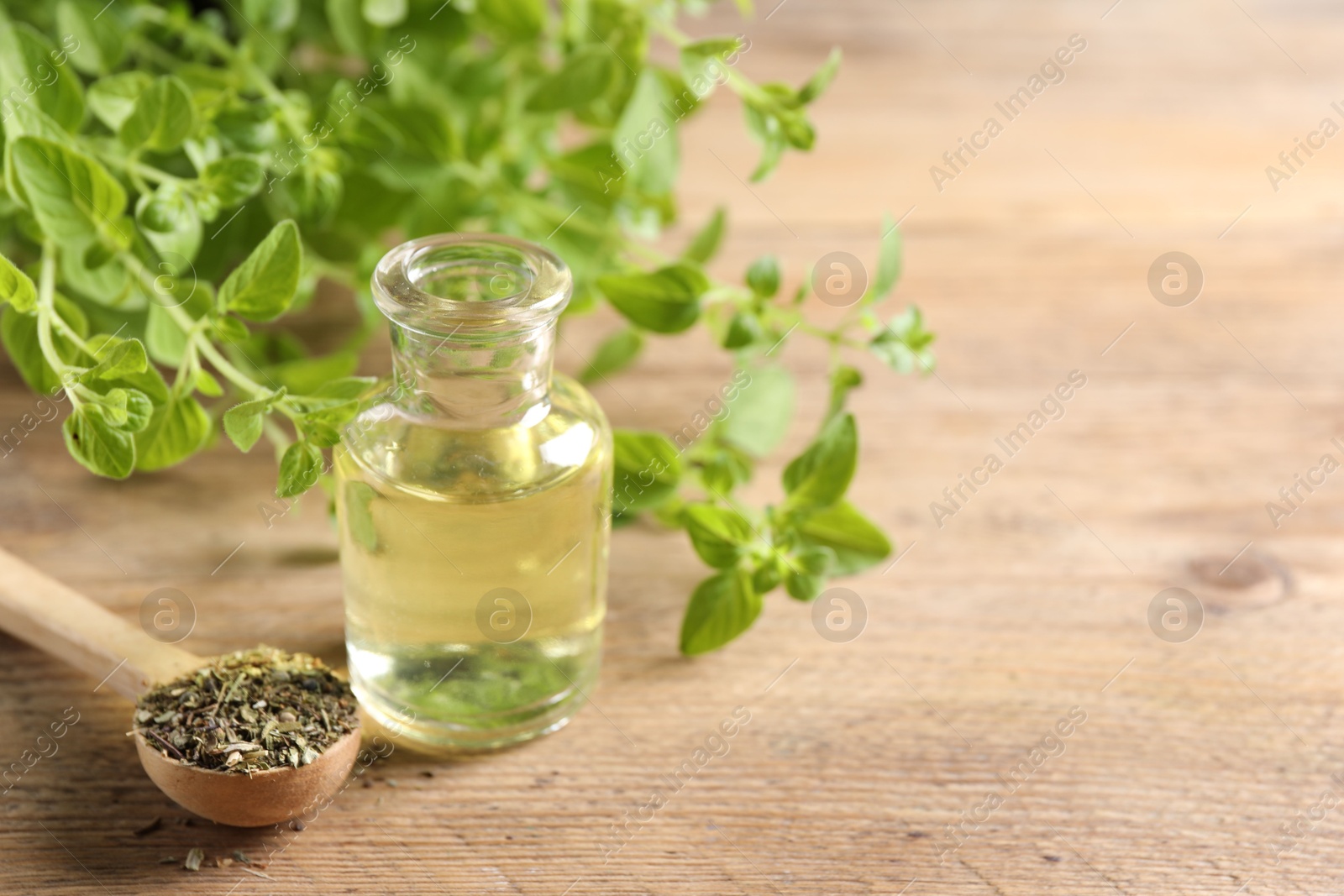 Photo of Essential oil in bottle, spoon with dry herb and oregano twigs on wooden table, closeup. Space for text