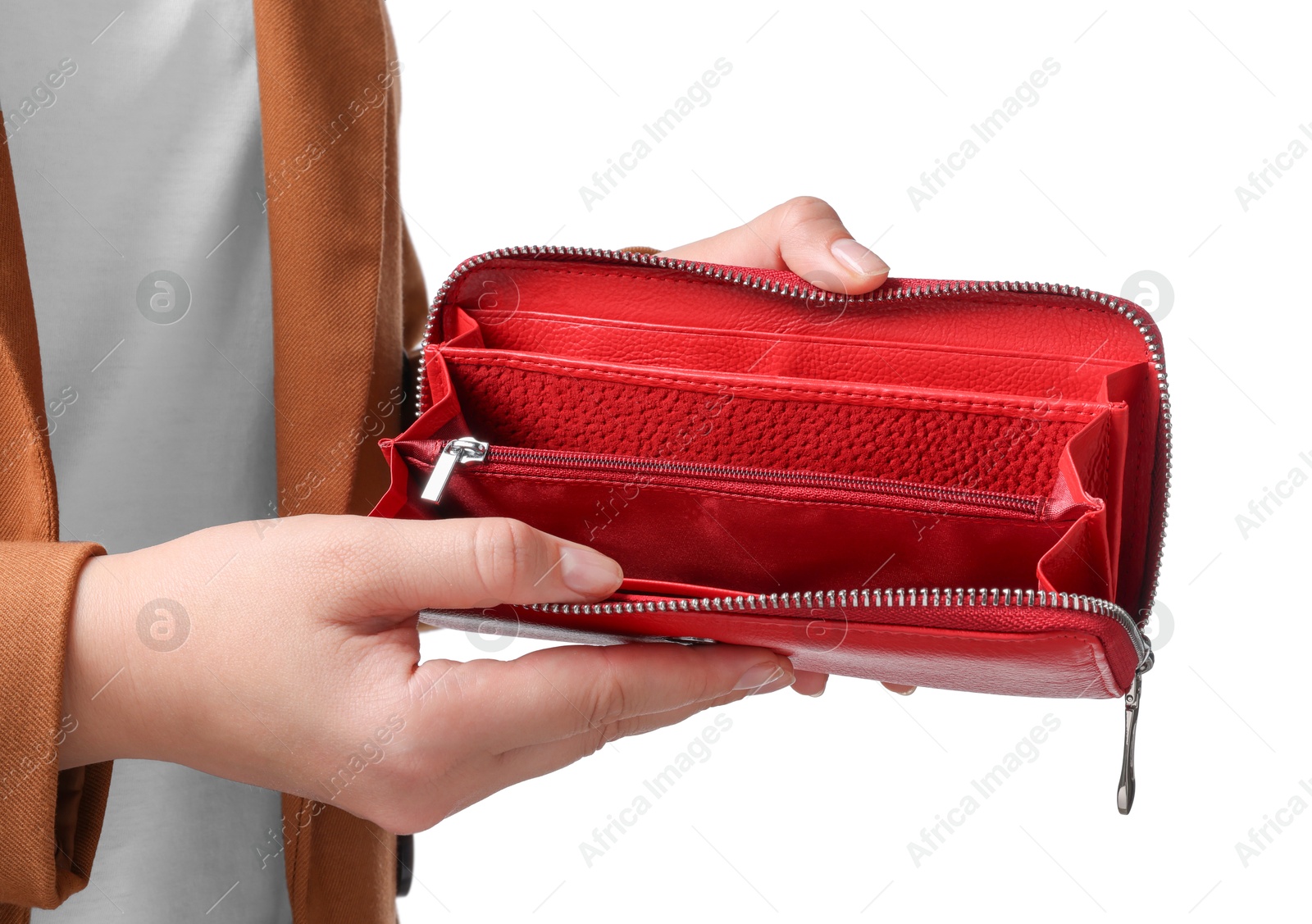 Photo of Woman with empty wallet on white background, closeup