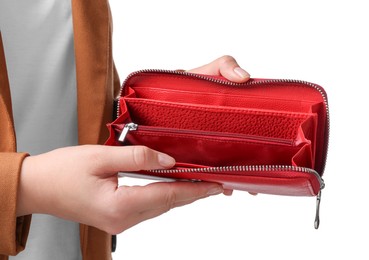 Photo of Woman with empty wallet on white background, closeup