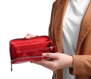 Photo of Woman with empty wallet on white background, closeup