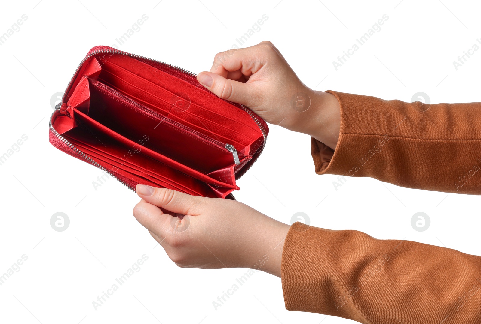 Photo of Woman with empty wallet on white background, closeup