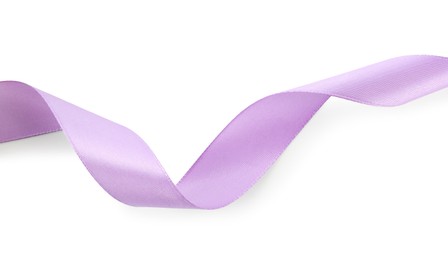 Photo of One beautiful violet ribbon isolated on white, top view