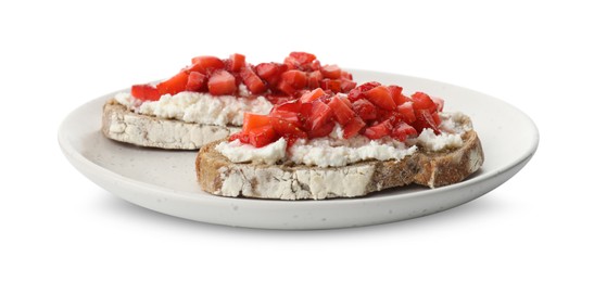Photo of Delicious bruschettas with ricotta cheese and chopped strawberries isolated on white