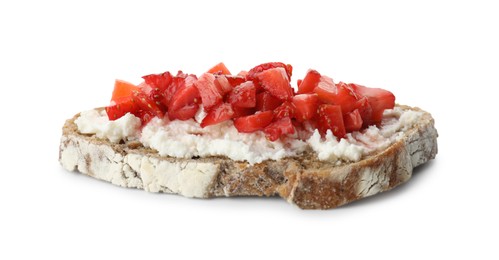 Photo of Delicious bruschetta with ricotta cheese and chopped strawberries isolated on white