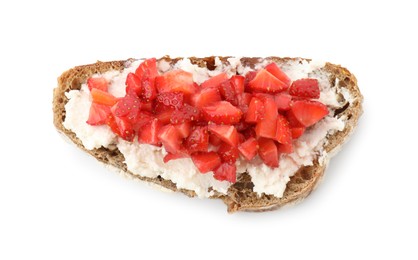 Photo of Delicious bruschetta with ricotta cheese and chopped strawberries isolated on white, top view