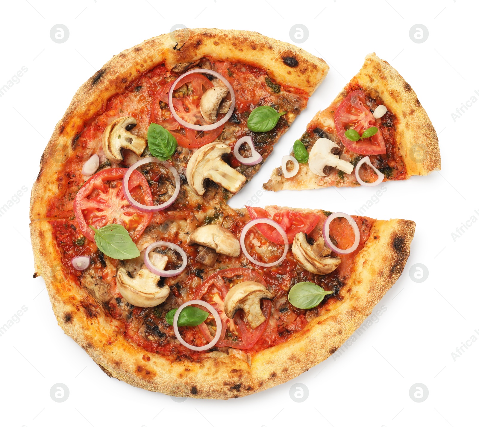 Photo of Tasty pizza with basil, mushrooms, onion and tomato isolated on white, top view