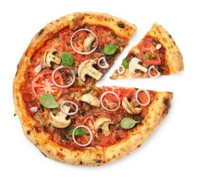 Tasty pizza with basil, mushrooms, onion and tomato isolated on white, top view