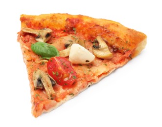 Photo of Piece of tasty pizza with basil, mushrooms, mozzarella and tomato isolated on white