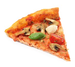 Photo of Piece of tasty pizza with basil, mushrooms, mozzarella and tomato isolated on white