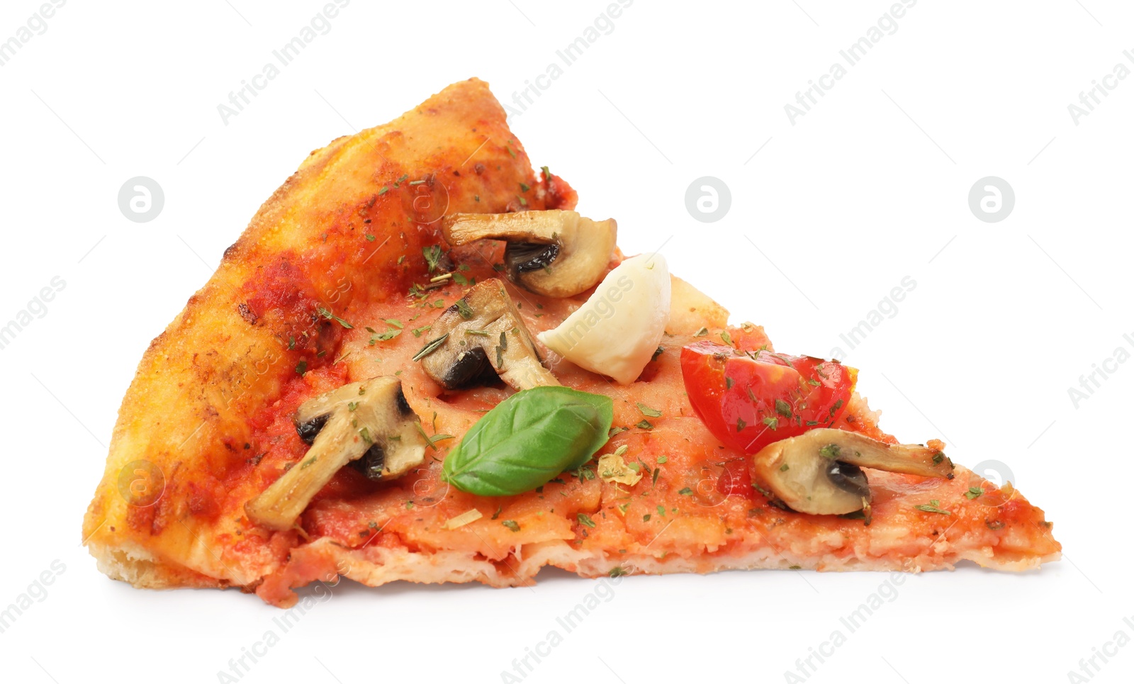 Photo of Piece of tasty pizza with basil, mushrooms, mozzarella and tomato isolated on white