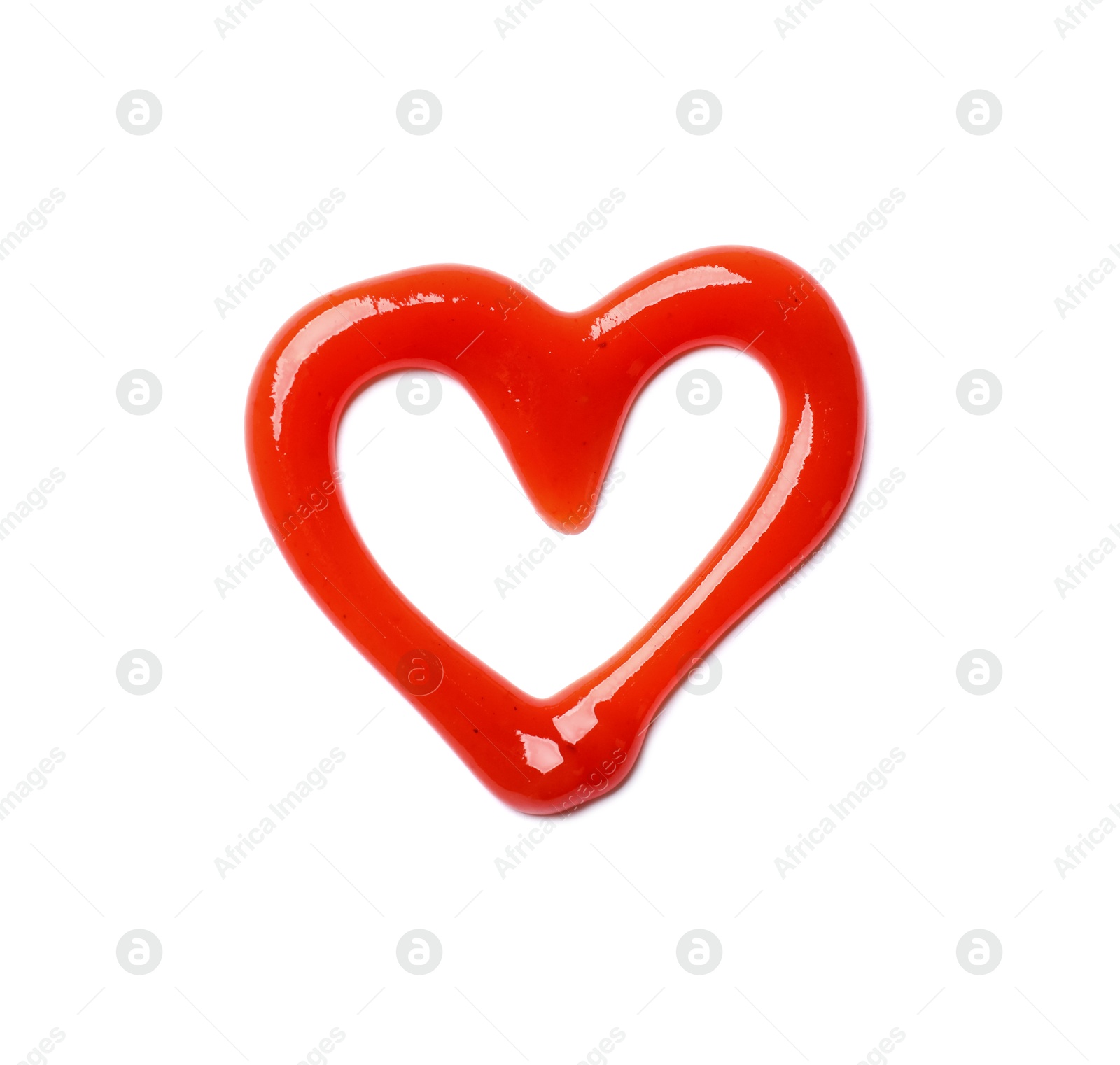 Photo of Heart made of tasty ketchup isolated on white, top view. Tomato sauce