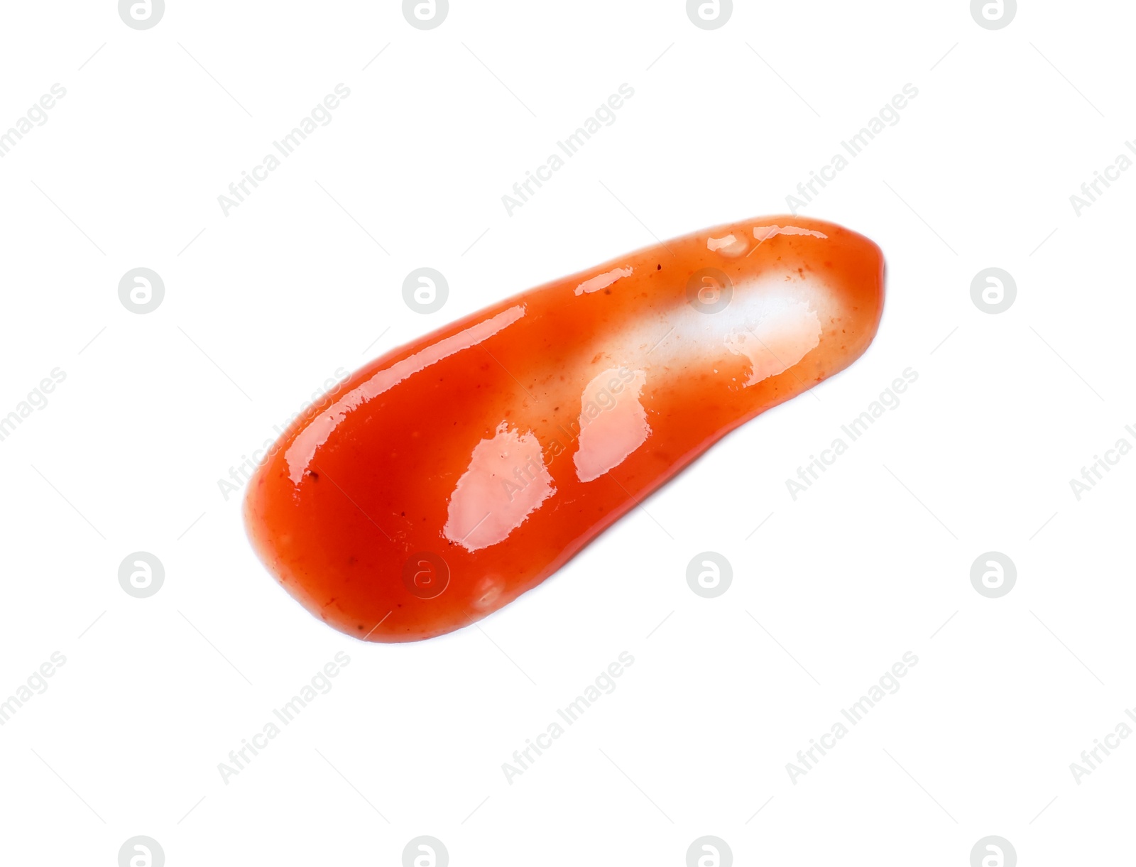 Photo of Tasty ketchup isolated on white, top view. Tomato sauce