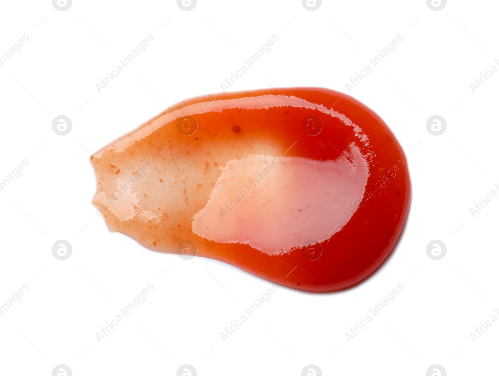 Photo of Tasty ketchup isolated on white, top view. Tomato sauce