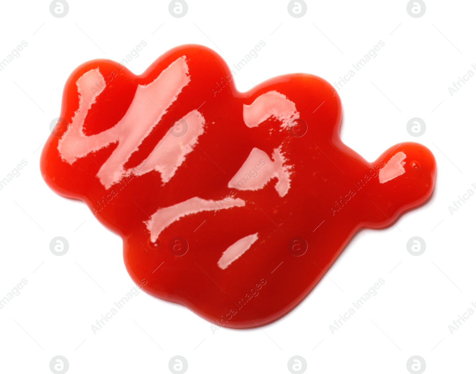 Photo of Tasty ketchup isolated on white, top view. Tomato sauce