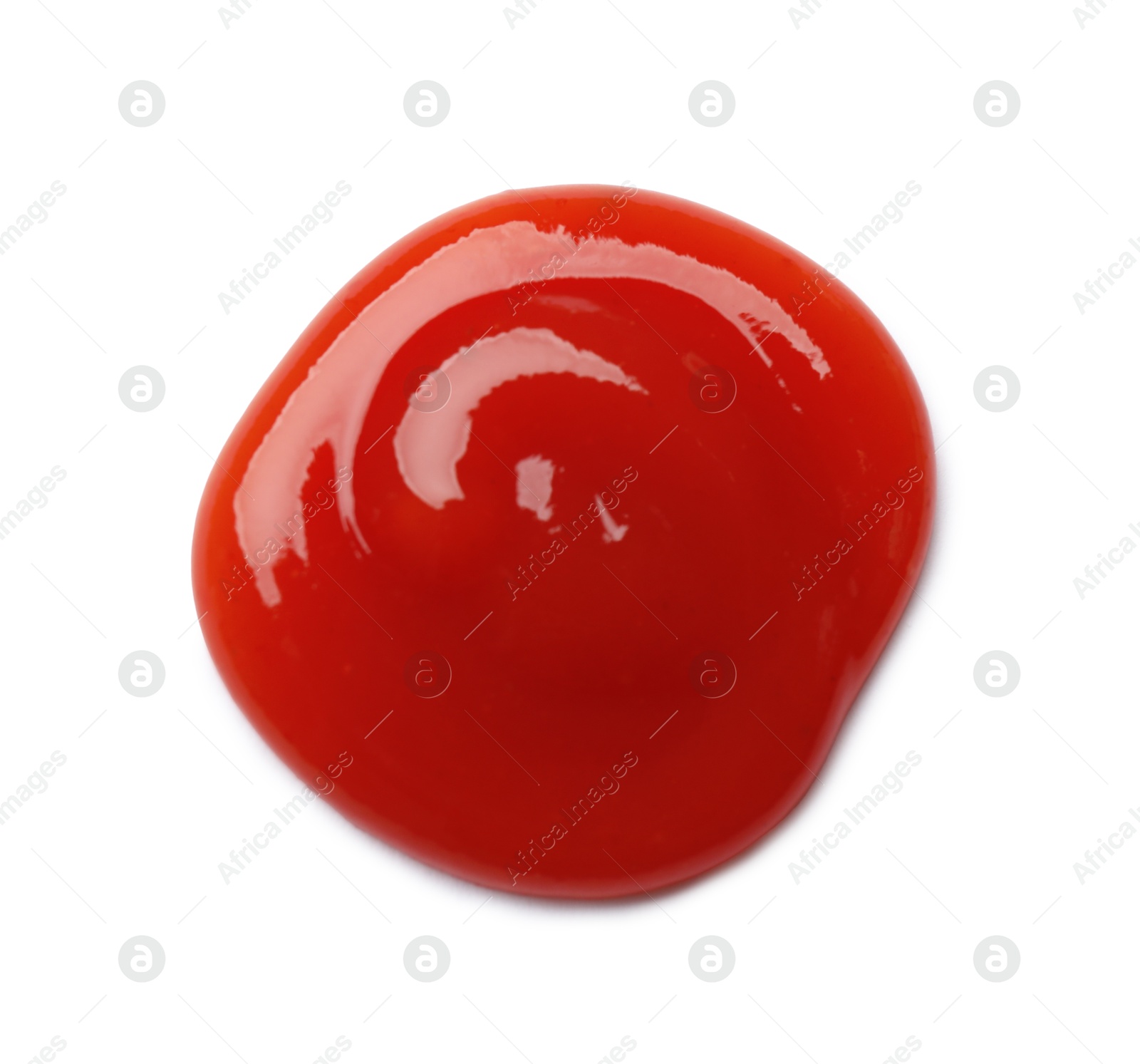 Photo of Tasty ketchup isolated on white, top view. Tomato sauce